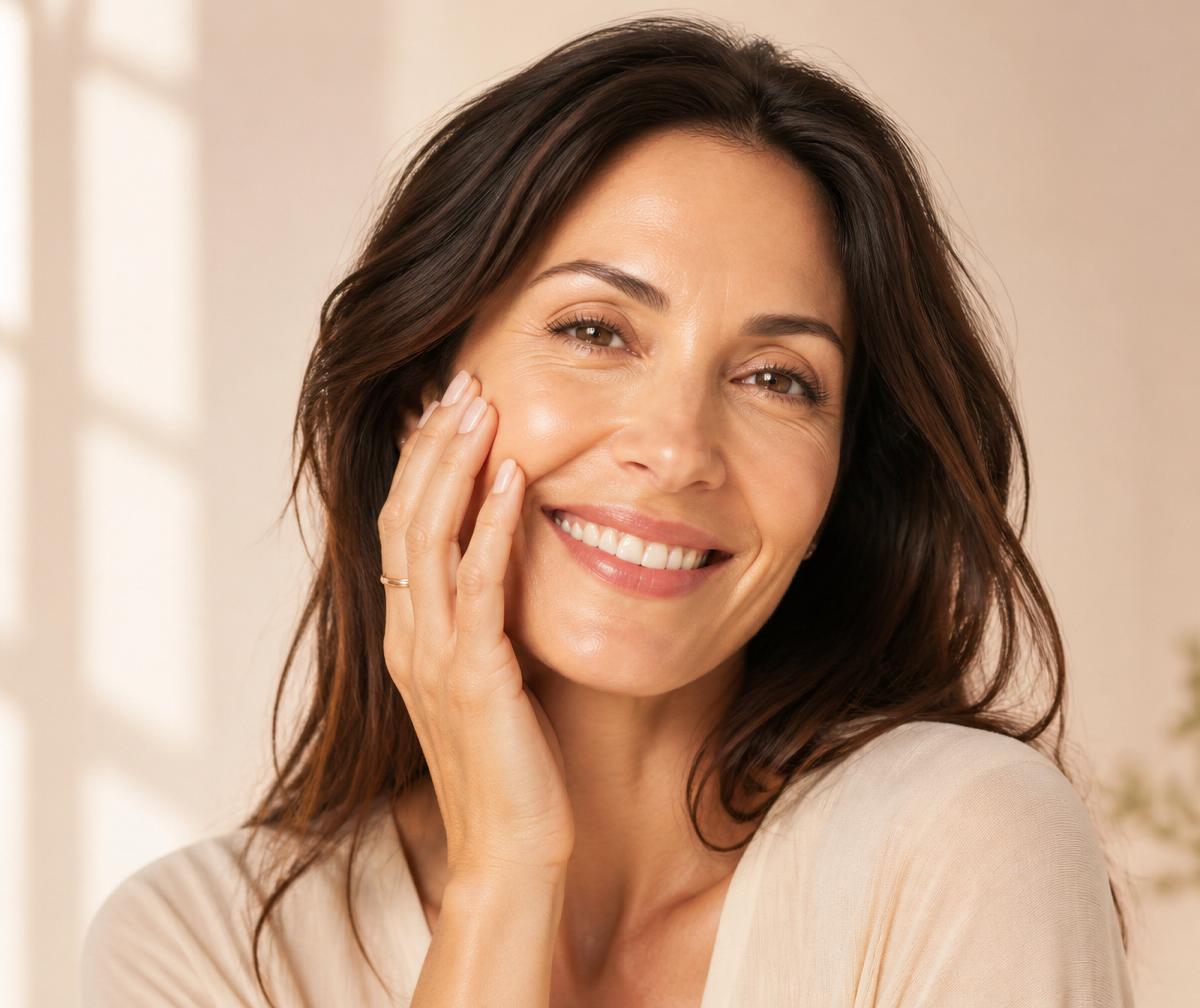Happy woman confidently smiling while touching her face with radiant, healthy-looking skin