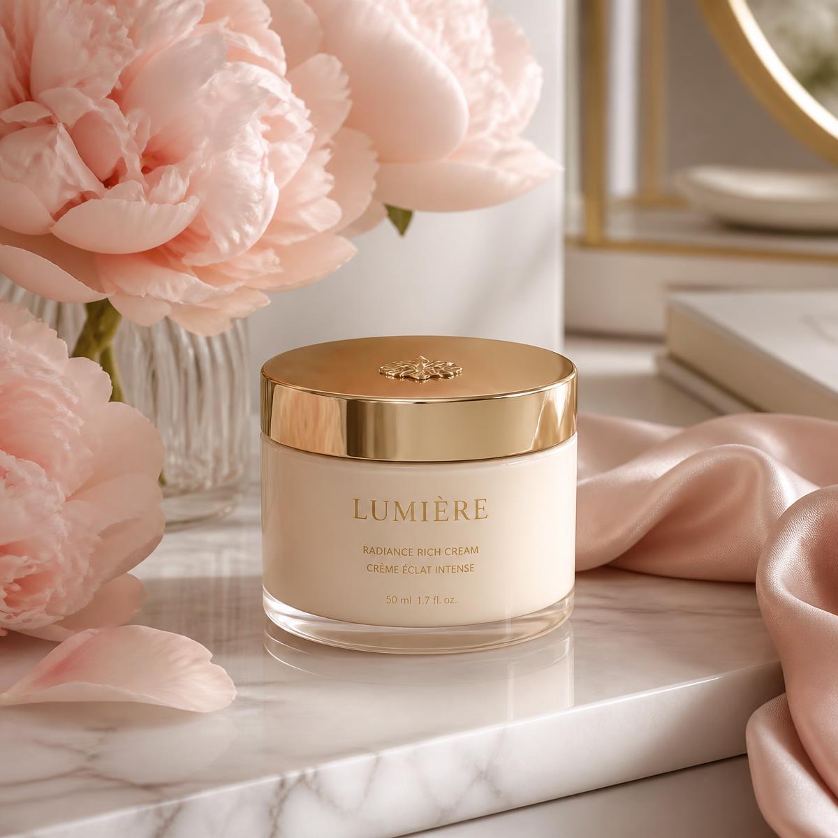 Beauty Glow luxury skincare jar on marble vanity with peonies