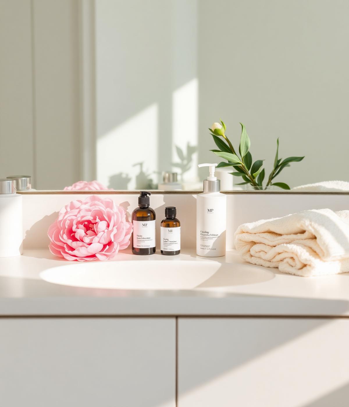 Serene bathroom vanity with skincare and peonies